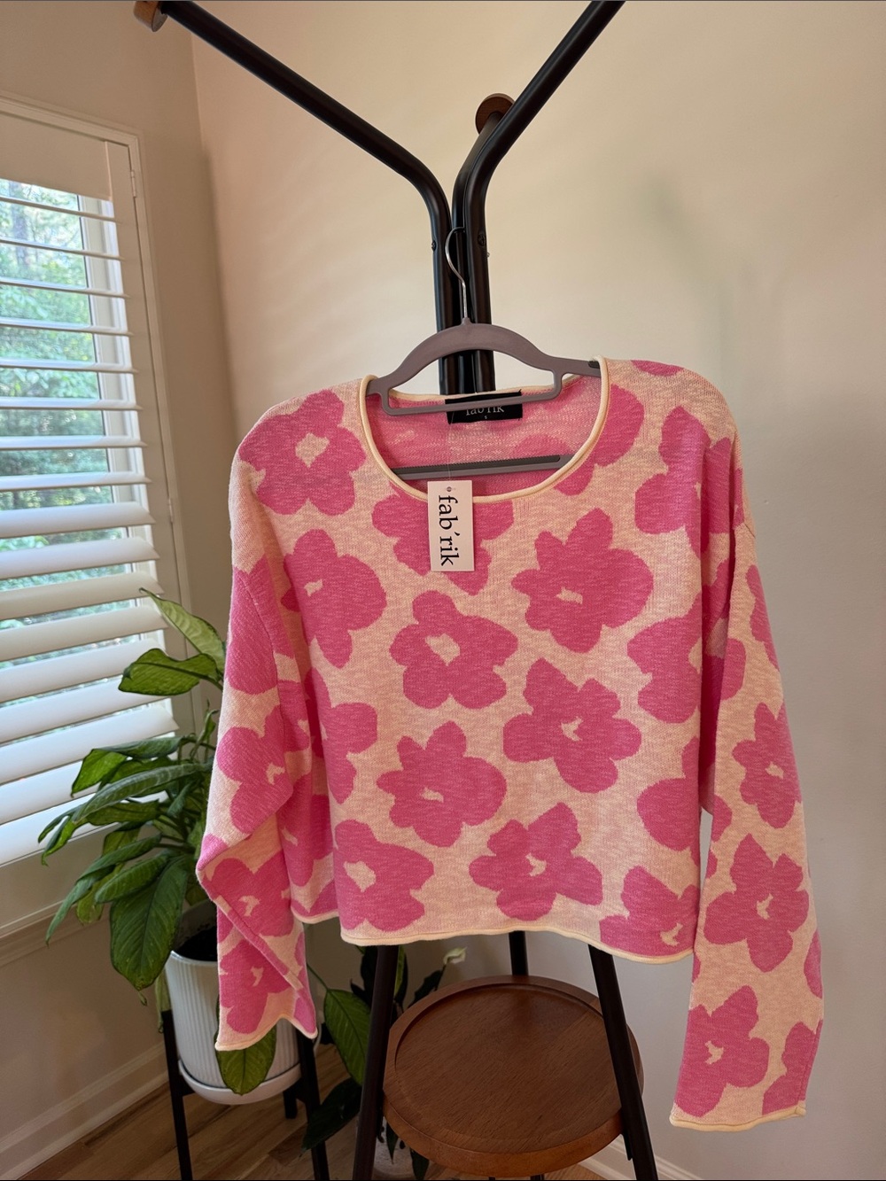 fab'rik Pink Floral Crewneck Knit Sweater